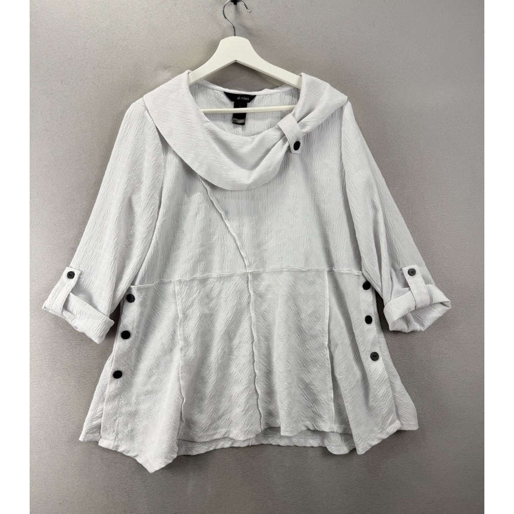 Ali Miles Womens L White Textured Cowl Neck Tunic Button Detail Roll Tab Sleeve